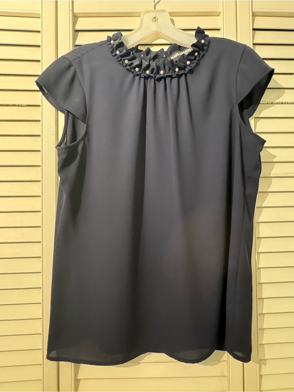 Karl Lagerfeld Navy Pearl-Embellished Ruffle Neck Blouse
